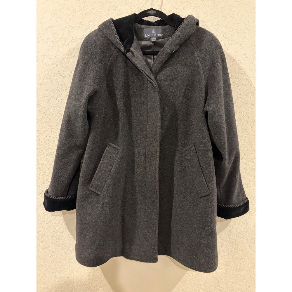 London Fog Womens PS Gray 100% Wool Shell Hooded Coat Velvet Trim Mid Length